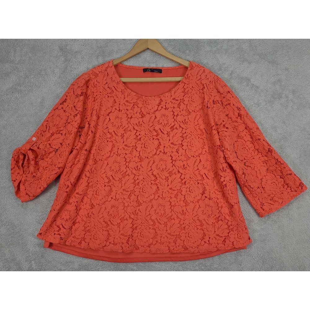 Calessa Top‎ Womens Sz 3XL Orange Peach Floral Cutout 3/4 Sleeve Casual Blouse